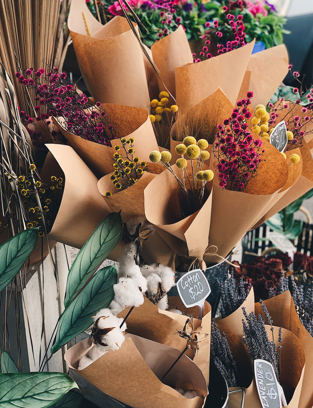 Dried Flower bouquet featuring a variety of preserved and dried flower wrapped perfectly for dried gifts and for home