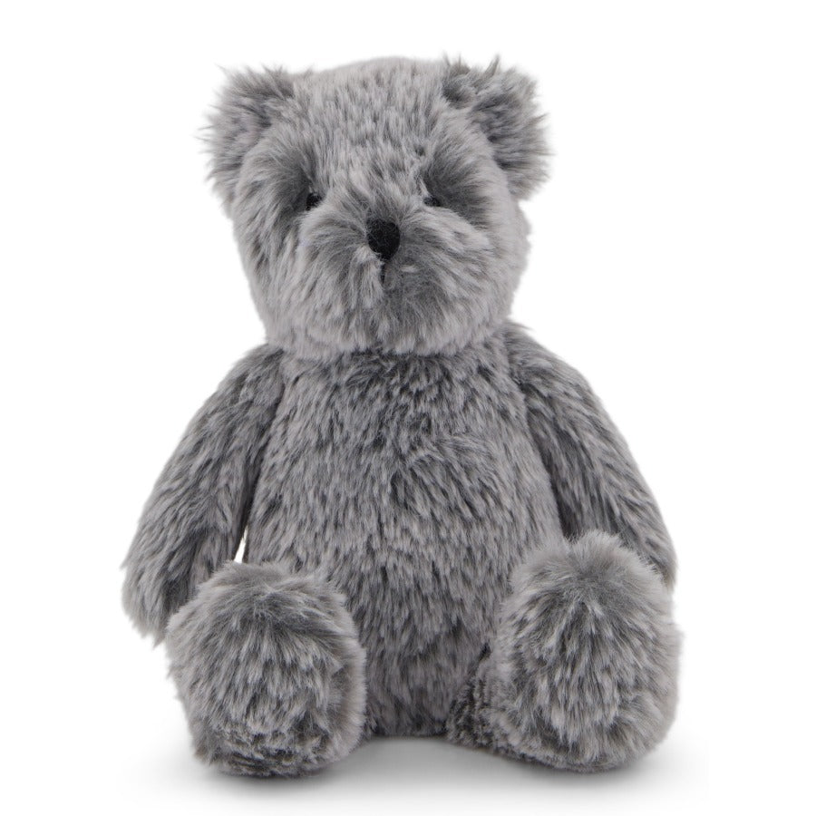 A small plush grey bear toy with a soft texture, sitting upright.
