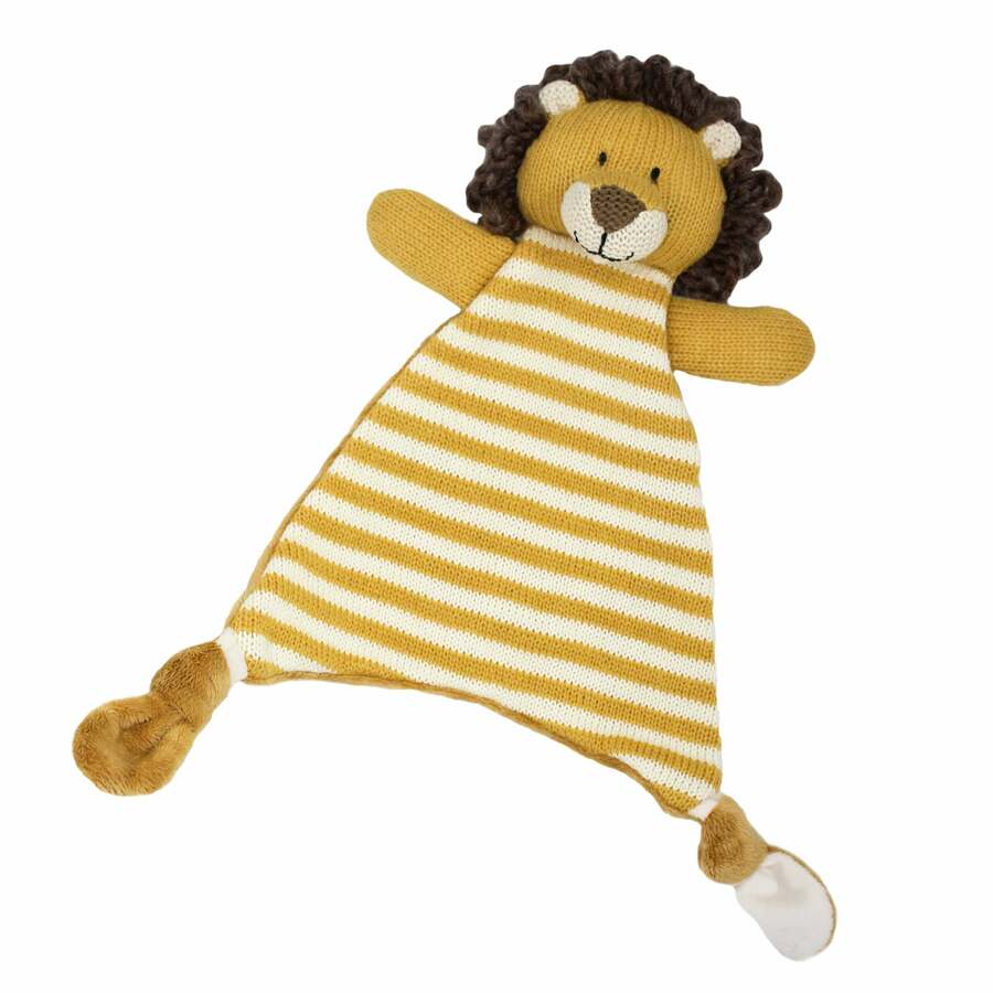 Knitted lion comforter toy with a striped yellow and white body laying flat on a white background