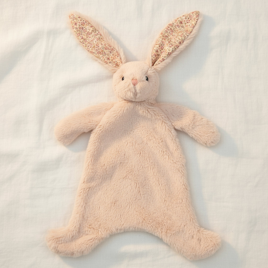 Plush bunny toy with floral ears on a white background