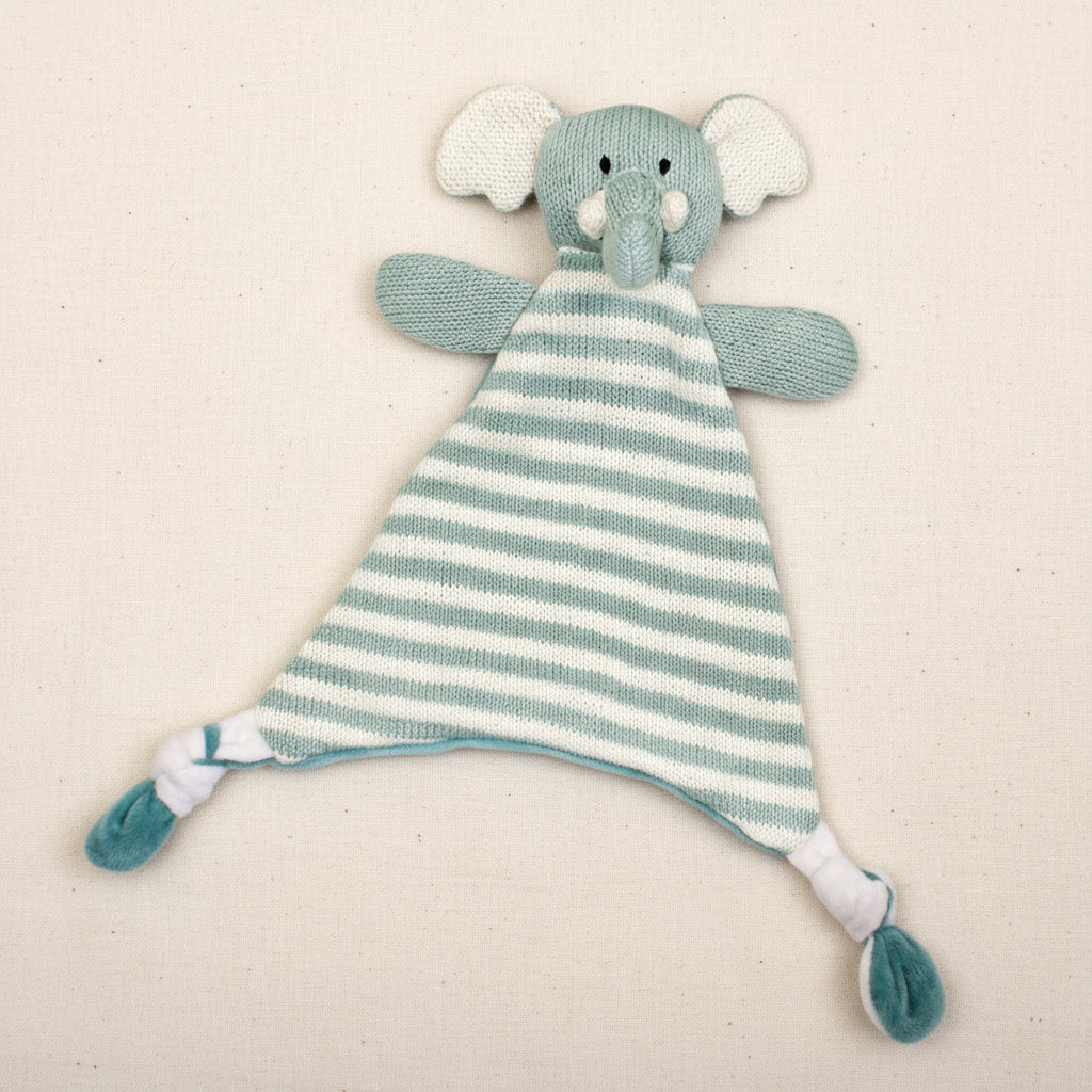 Striped elephant plush toy on a white background