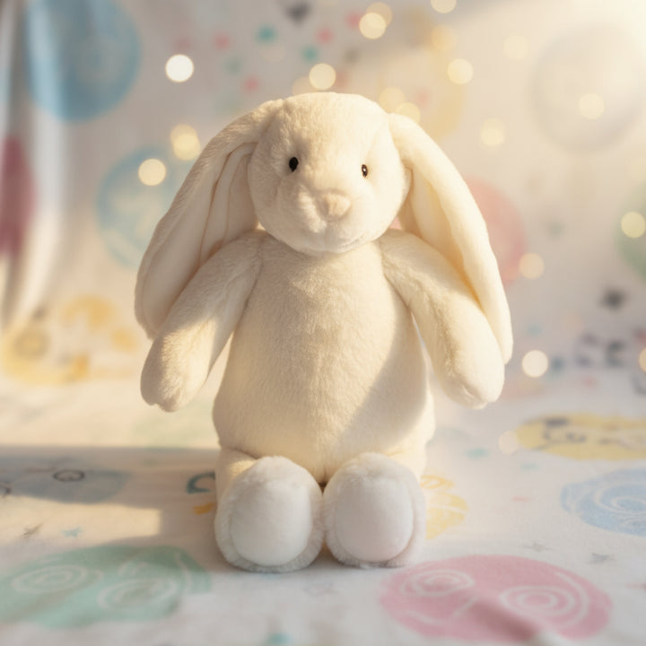 White plush bunny toy on a white background