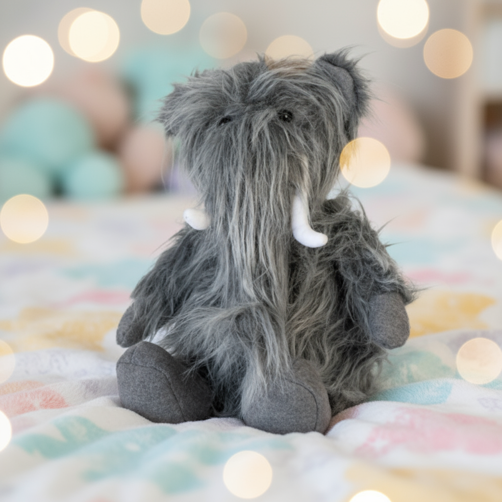 Plush toy elephant with gray fur and white tusks on a white background