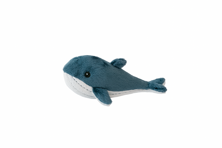 very small 16cm blue plush whale teddy bear toy with a plain white background