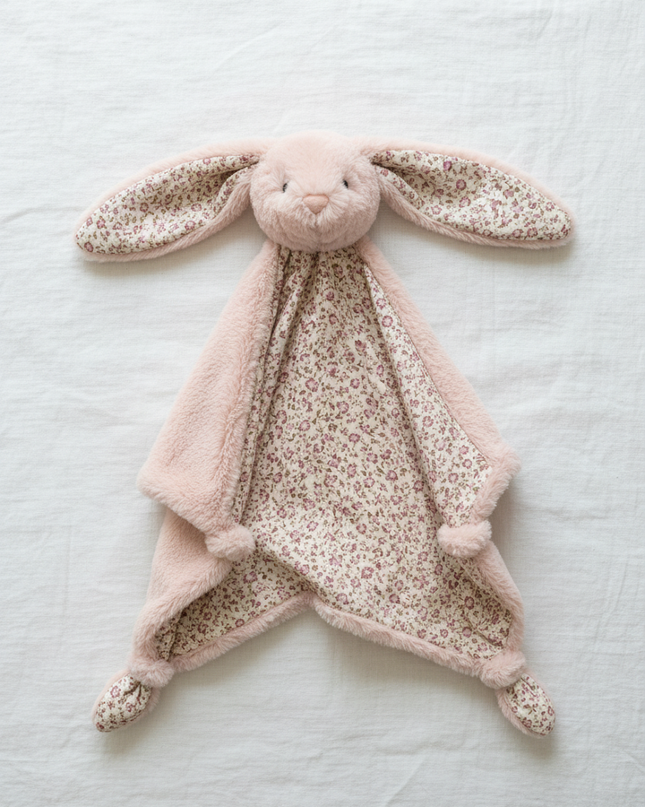 Pink bunny-shaped comfort blanket on a light gray background