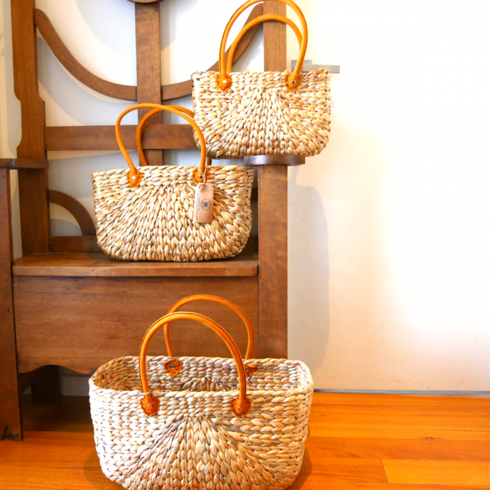 Water Hyacinth Rectangle Basket with Suede Handles