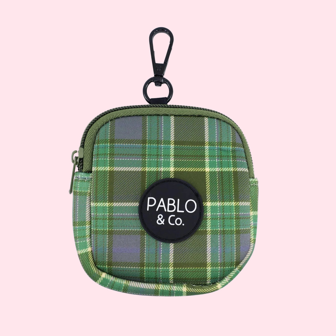 Green plaid pouch with 'Pablo & Co.' logo on a white background