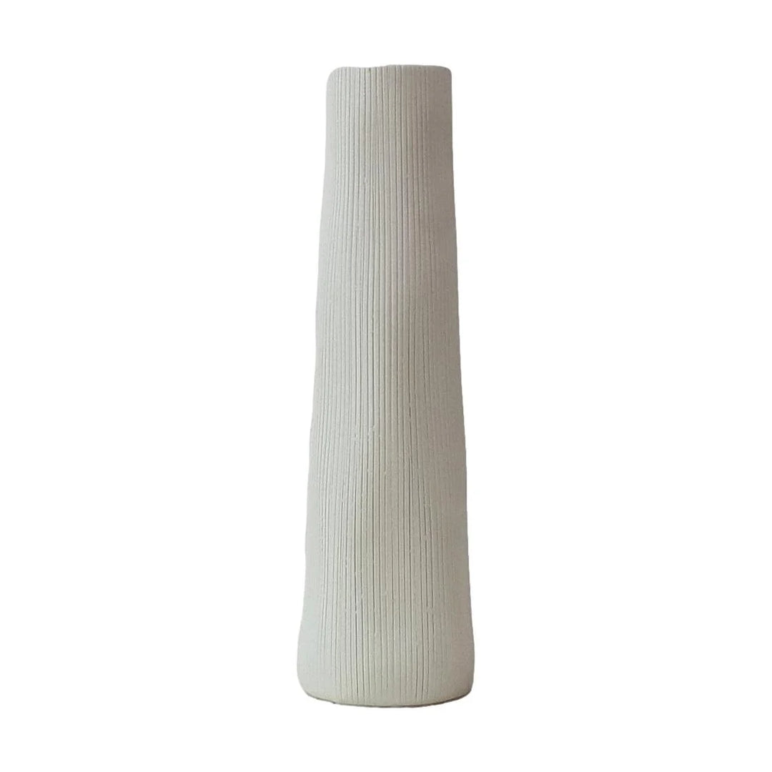 Tall, cylindrical ceramic vase with a ribbed texture on a white background