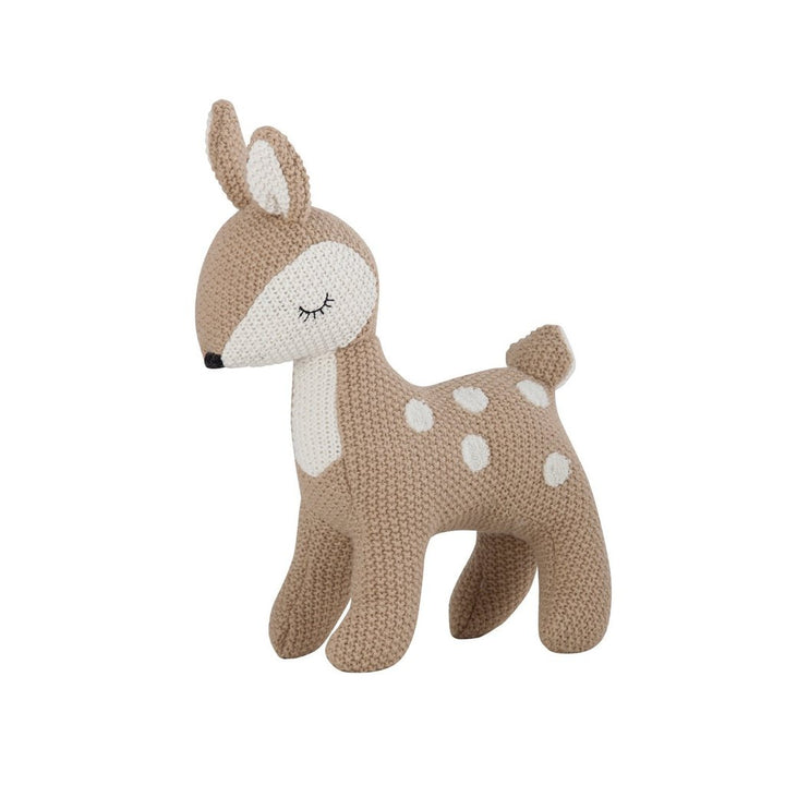 A beige and white knitted plush toy in the shape of a deer with a waffle knit texture.